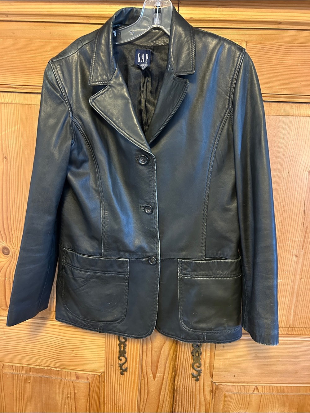 GAP Leather Blazer Jacket Womens Medium Black 2-Button Coat 90s Y2K Vintage